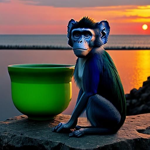 Blue Monkey in Green Soup at Sunset