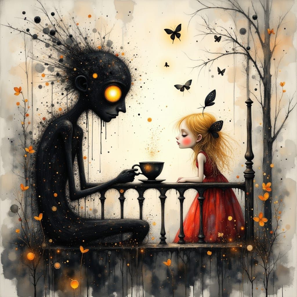 Whimsical Ink Shadow Figure with Fae Child