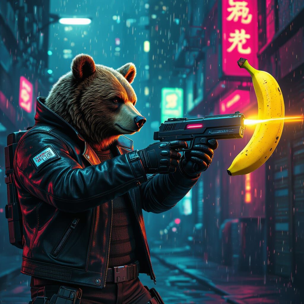 Bear Shoots Banana with Laser Gun in Cyberpunk Style