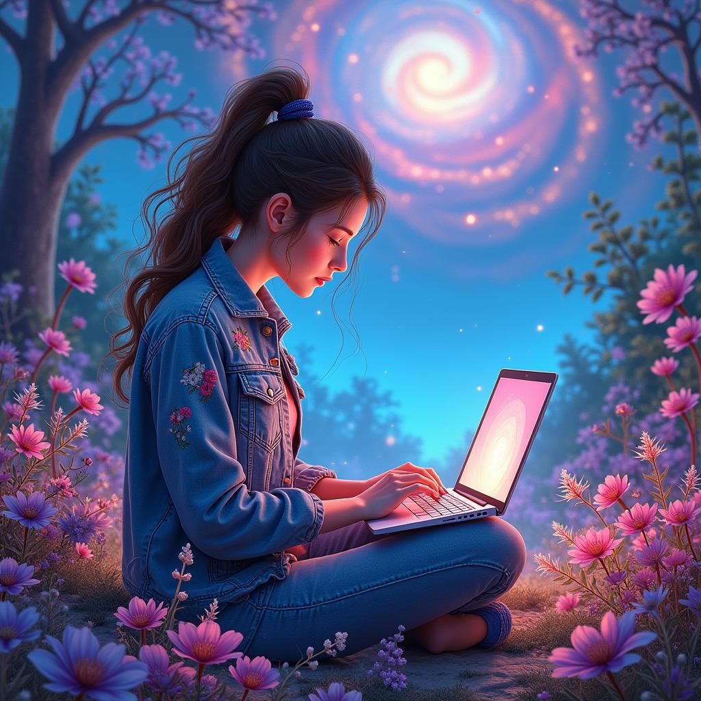 Woman Coding in a Glowing Garden, Digital Art
