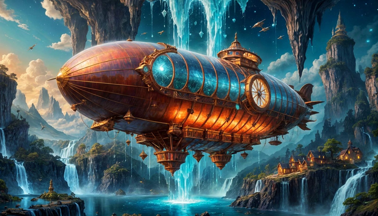 Fantasy Airship Soaring Above Floating Crystal Islands