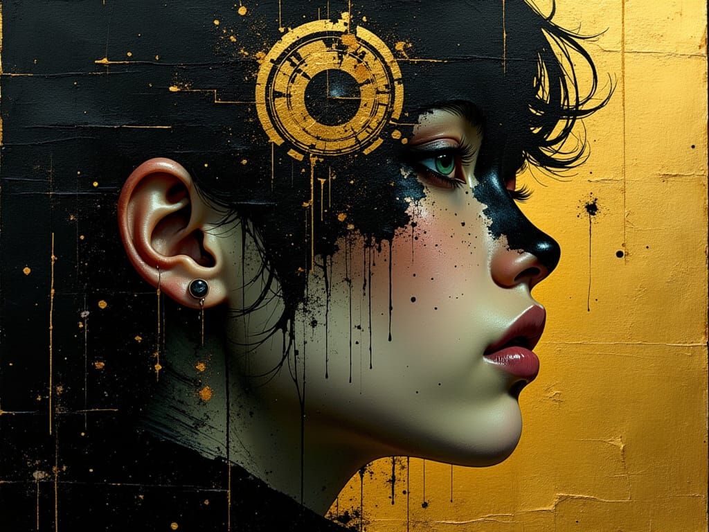 Gold Fantasy Portrait in Ink and Watercolor Style