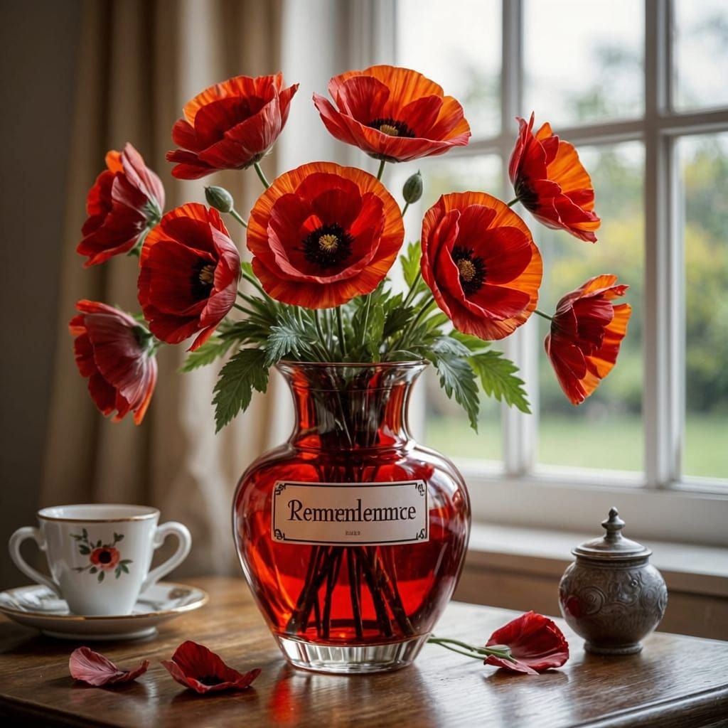 Ornate Red Glass Vase with Poppies and "Remembrance" Sign