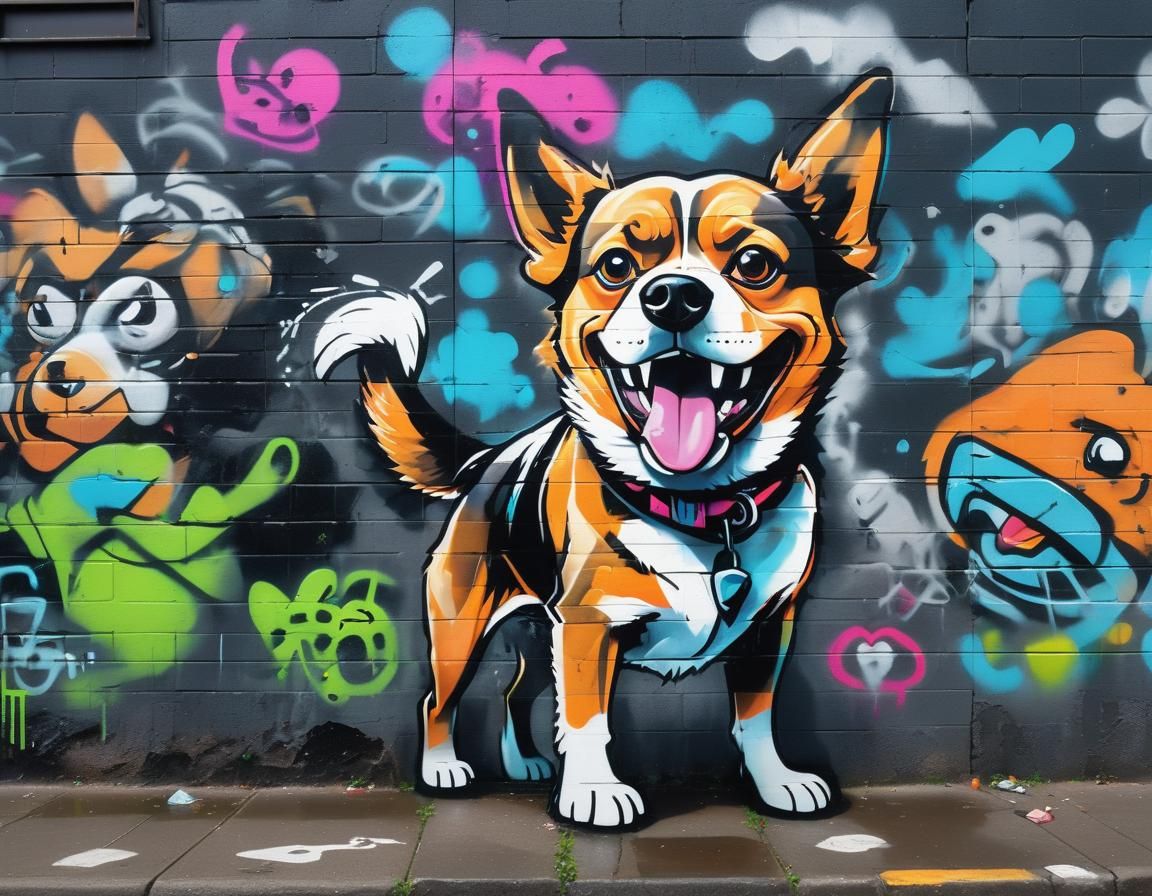 Urban Graffiti Art: Beagle and Pomeranian in Neon Cityscape