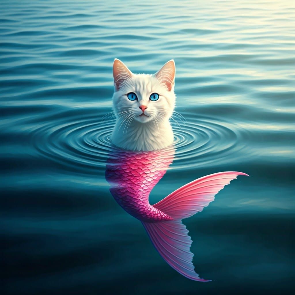 Cat Mermaid Hybrid Playing in Sun-Kissed Sea