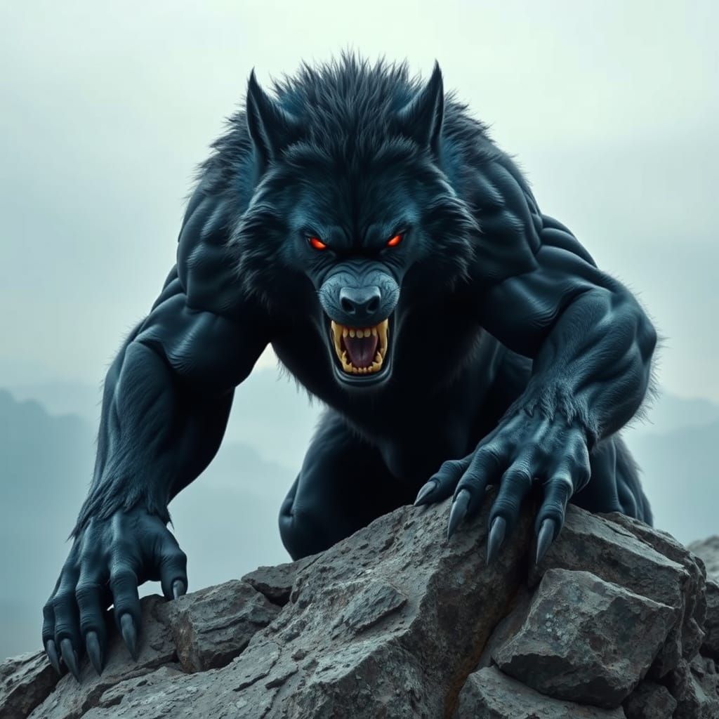 Powerful Dark Blue Werewolf Dominates Rocky Landscape