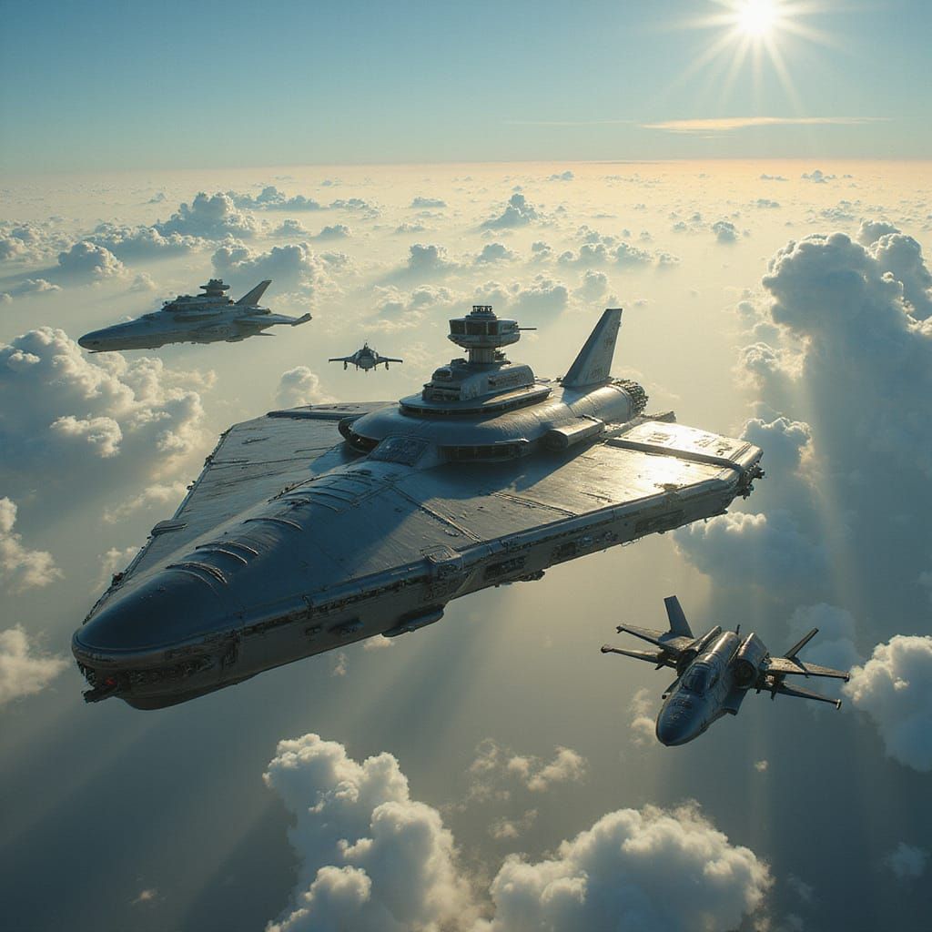 Majestic Spaceship Squadron Soars Through a Brilliant Blue S...