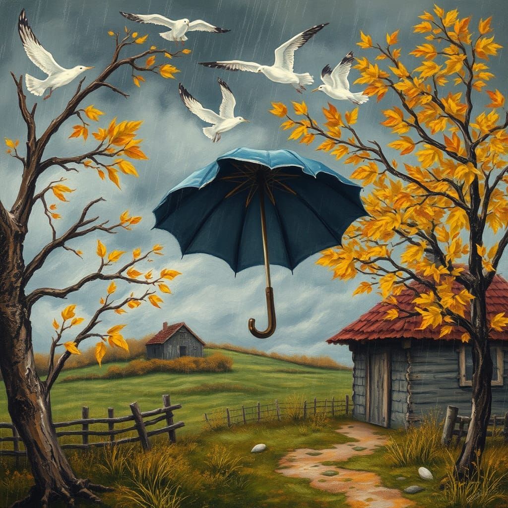 Autumn Storm in Rustic Naive Art Style