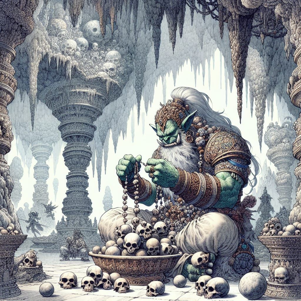 Giantess Orc Weaves Skull Jewelry in Grand Cavern