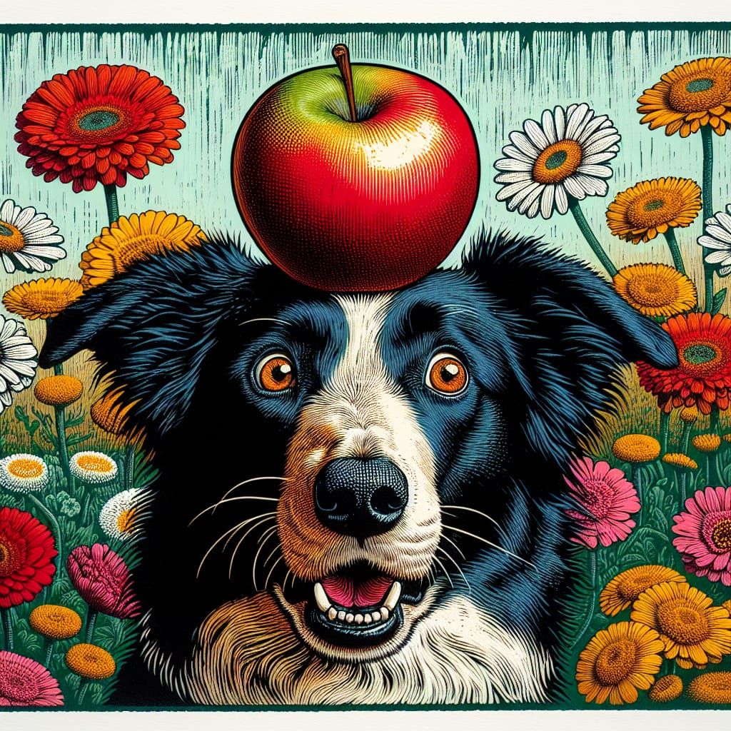 Surprised Border Collie with Apple, Vibrant Screen Print