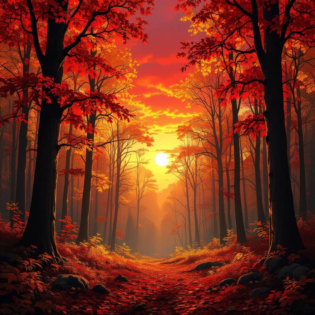 Golden Autumn Forest Under Red Sunset Sky