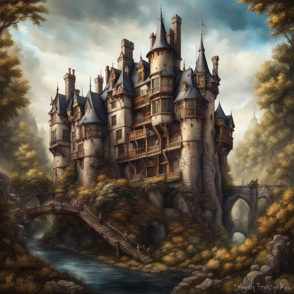 Mystical Steampunk Castle Diorama with Dragon