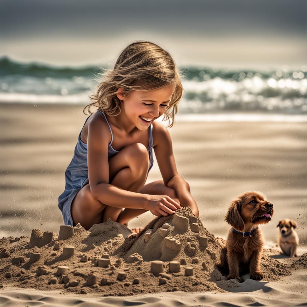Girl and Puppy Building Sandcastle on Beach
