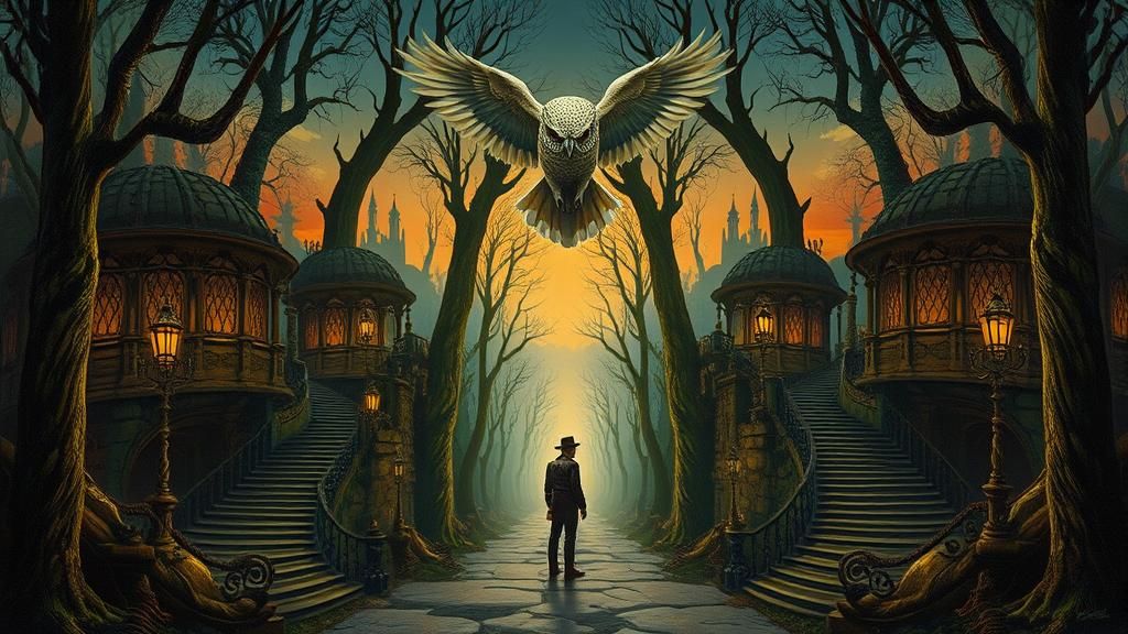 Steampunk Adventurer and Clockwork Owl in Mystical Forest