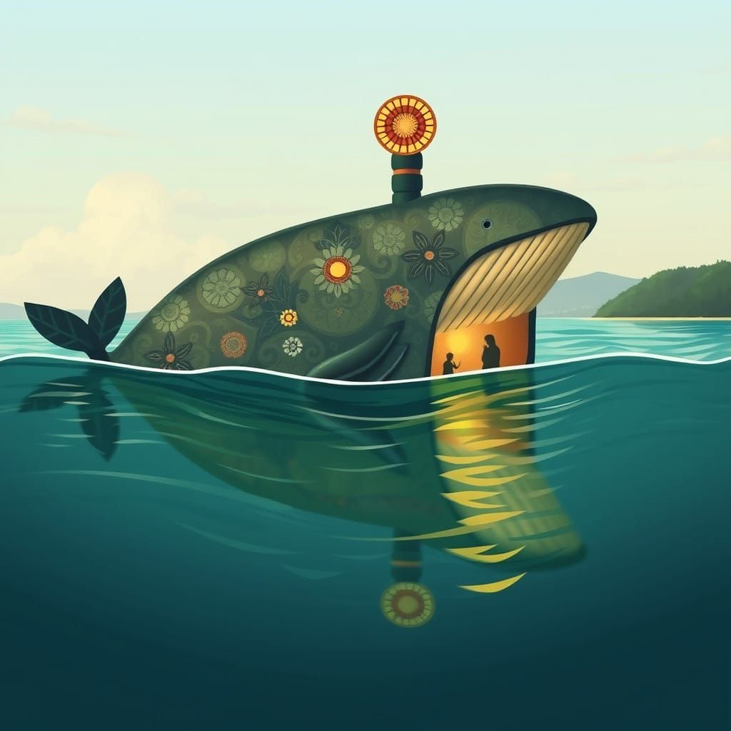 Whale in Flight Art Nouveau Style