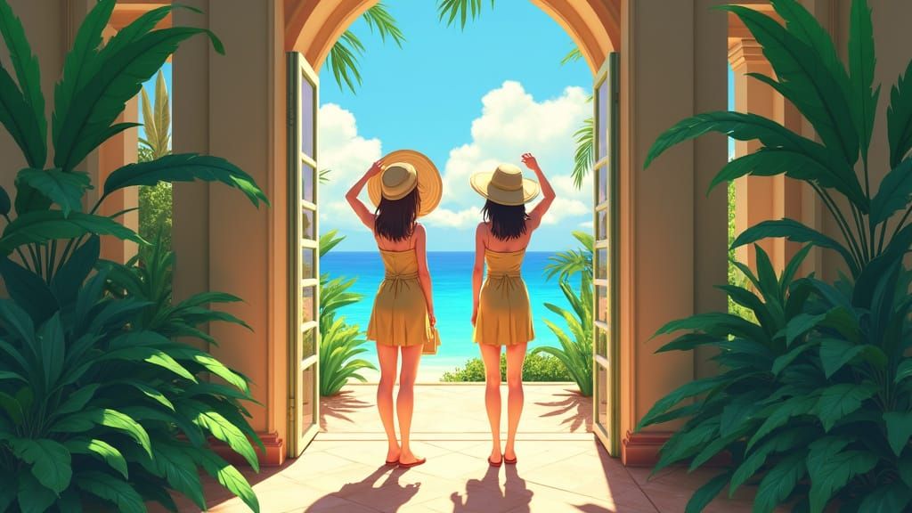 Vibrant Japanese Girls Pose at Luxurious Villa Entrance in 3...