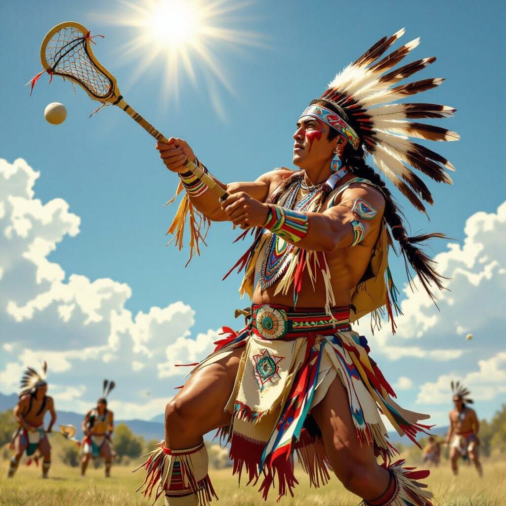 Native American Man Playing Stickball Lacrosse in Traditiona...