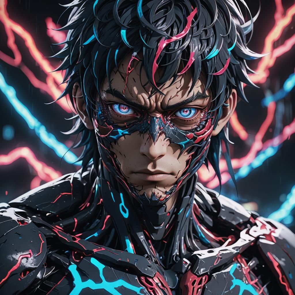 Flayed Figure in Neon Anime Style, 3D Portrait