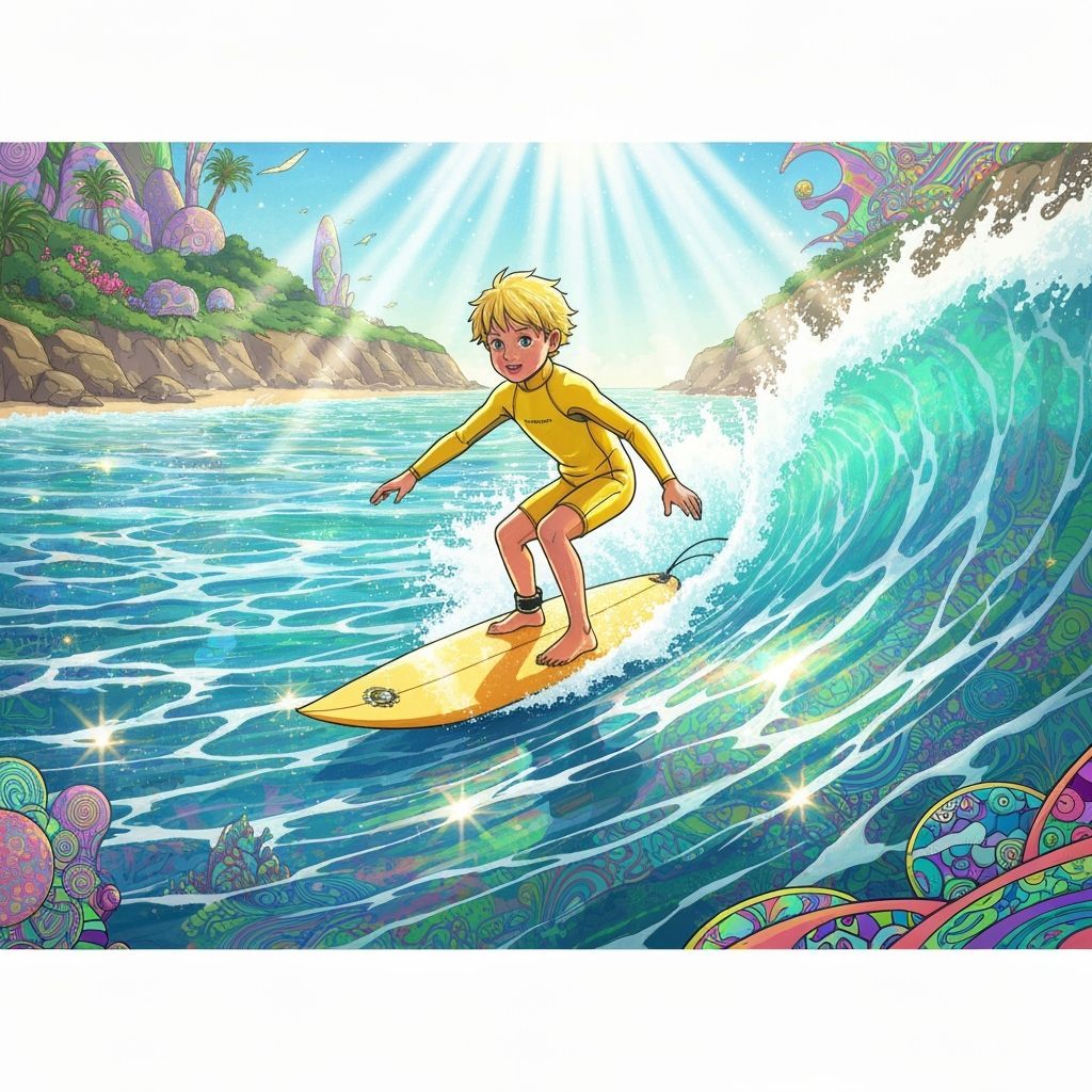 Boy Surfing Wave in Psychedelic Pop Surrealism Style