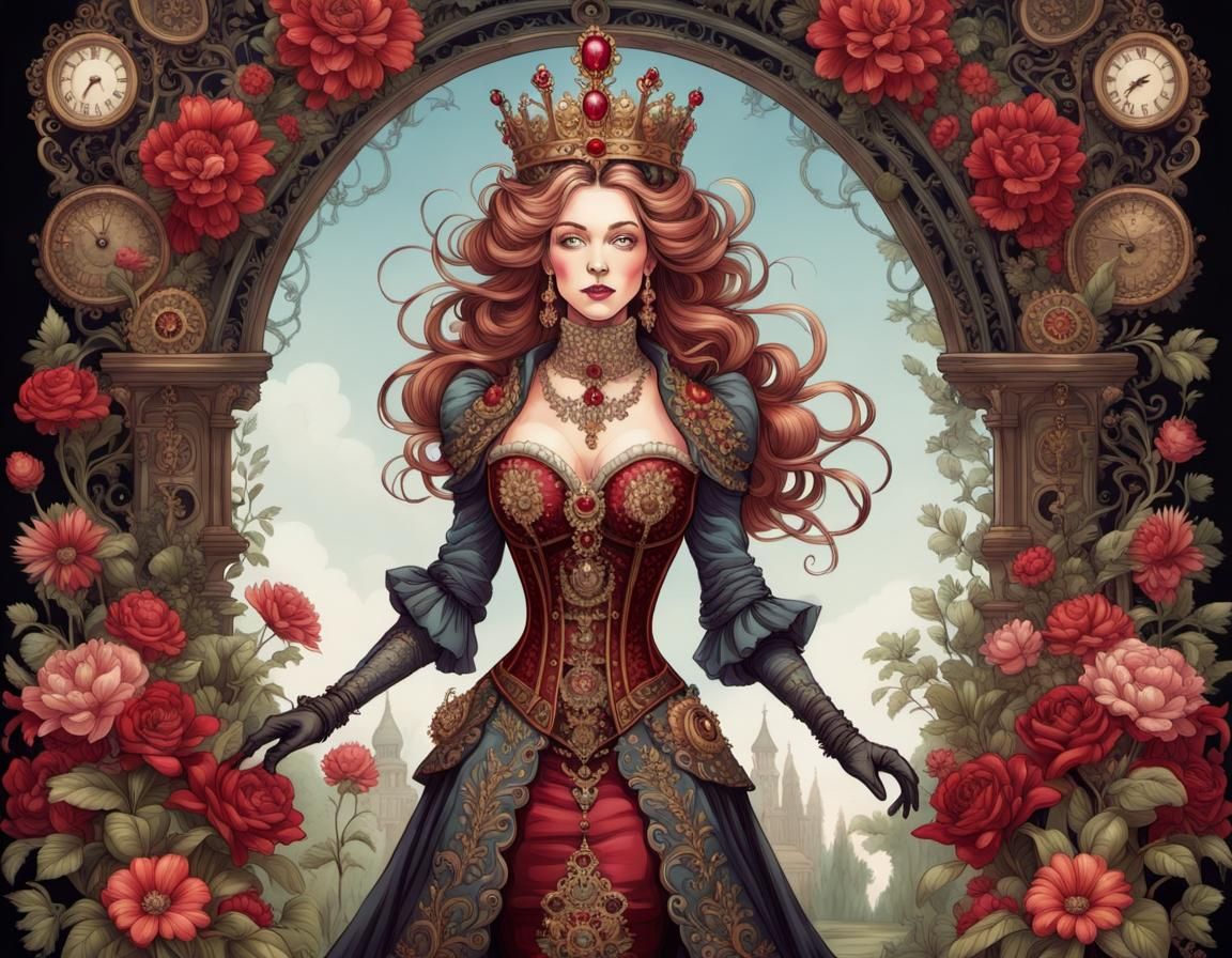 Steampunk Baroque Queen in a Vibrant Floral Fantasy