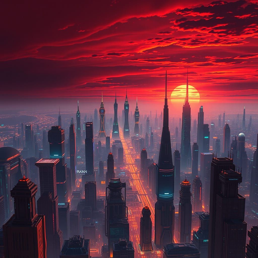 Futuristic Metropolis Unfolds Under Crimson Sunset