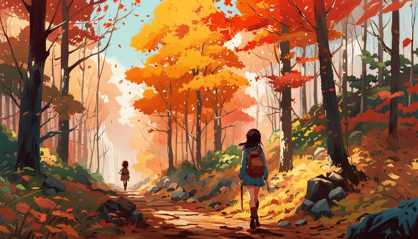 Anime Girl Walks in Autumn and Spring Forest