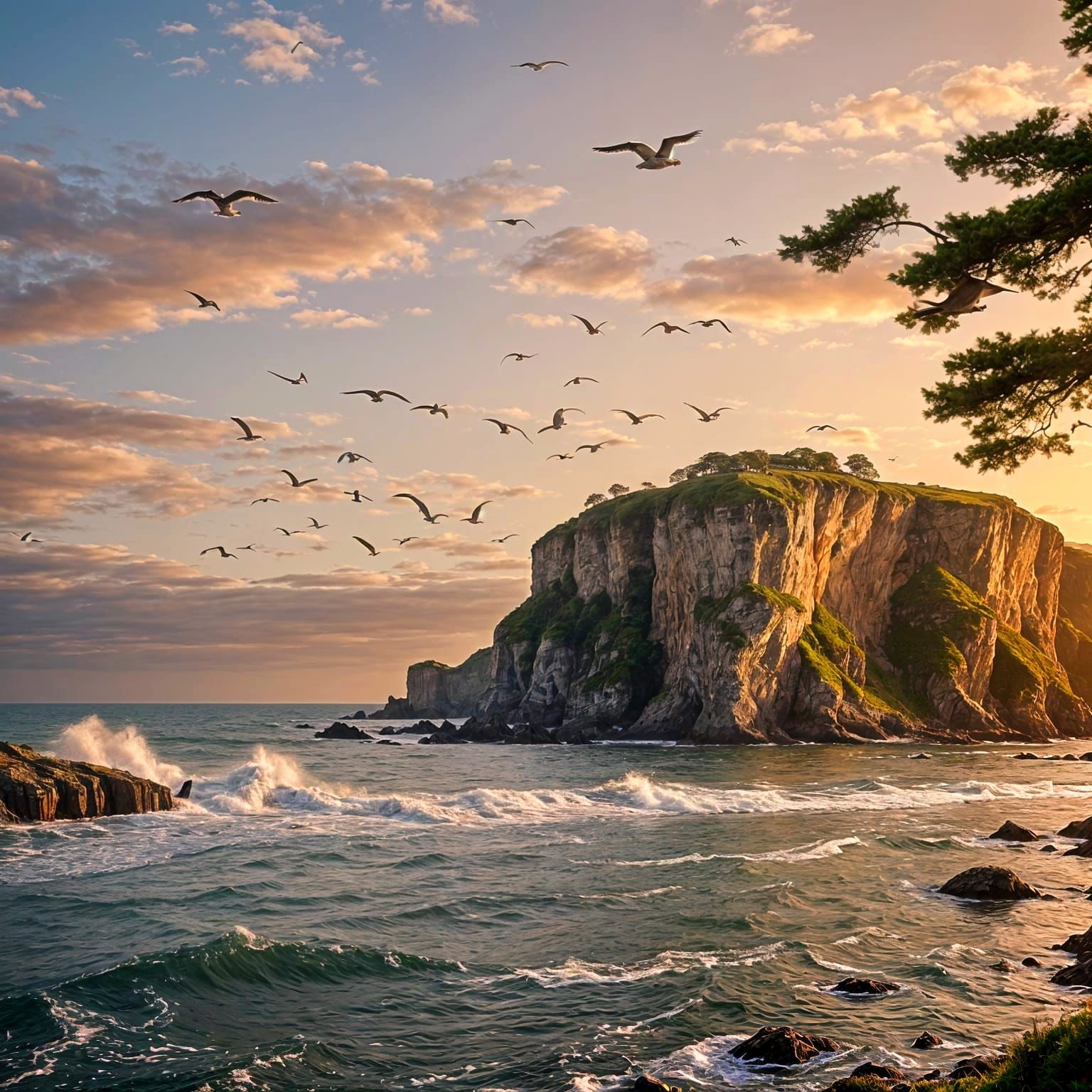English Cliff at Sunrise with Seagulls
