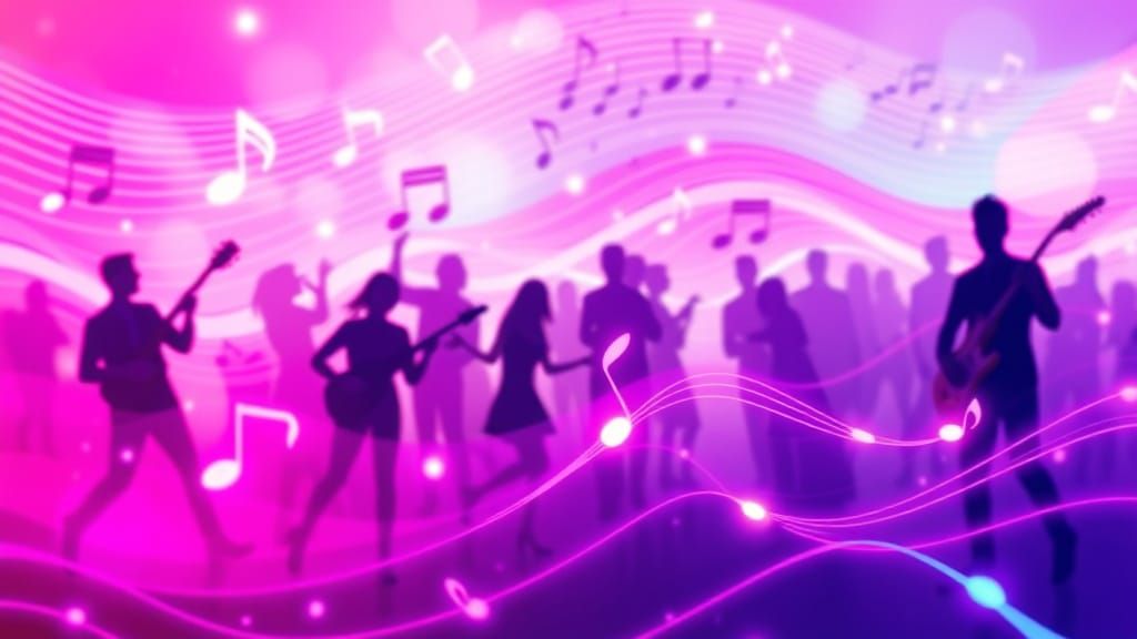 Synthwave Music Scene with Neon Colors and Dancing Figures