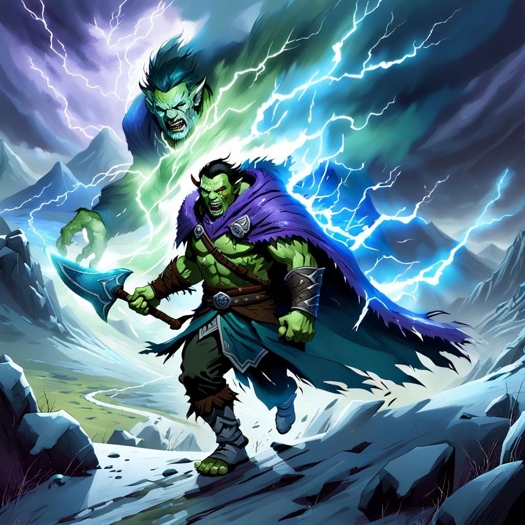 Half-Orc Warrior in a Stormy Norse Landscape