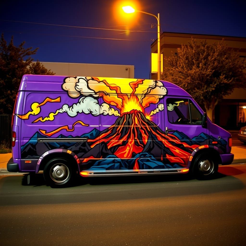 Vibrant Erupting Volcano Mural on a Purple Van