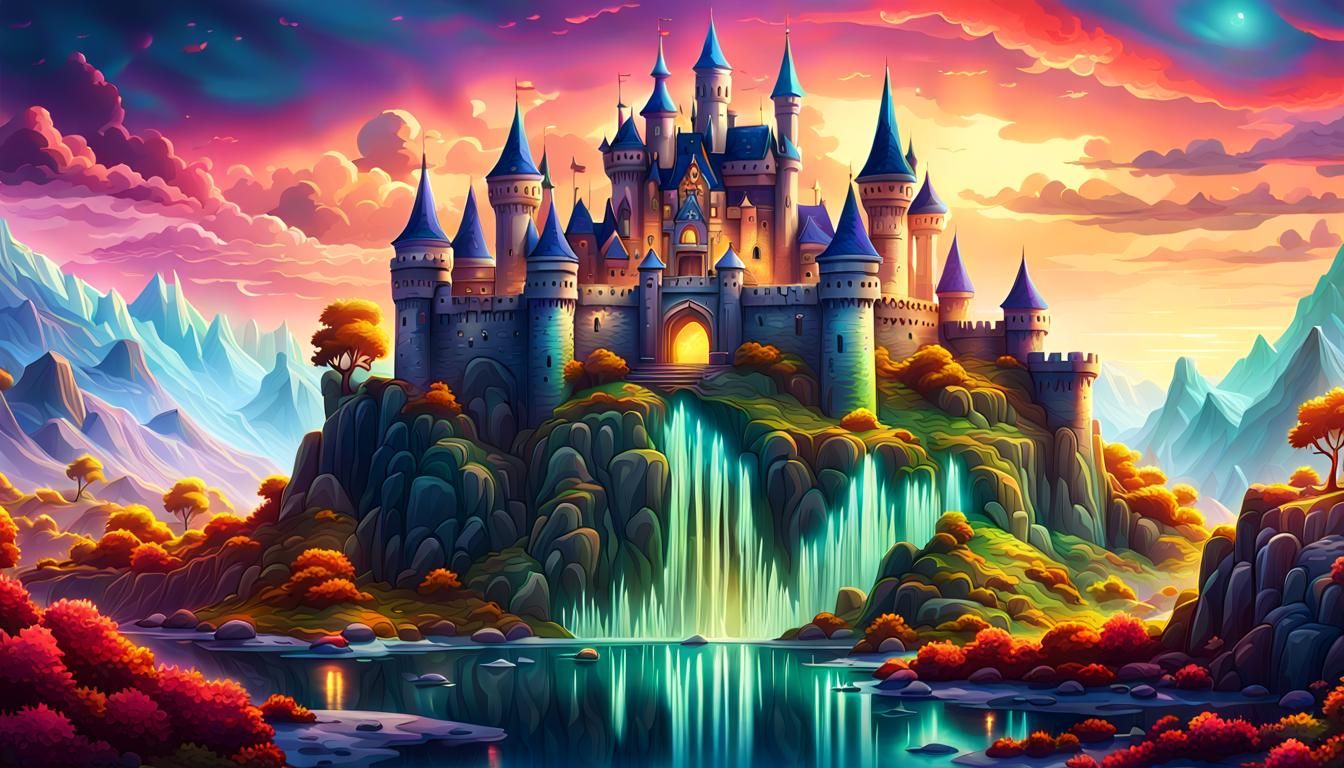 Detailed Castle in Colorful Fantastical Landscape, Art Deco ...