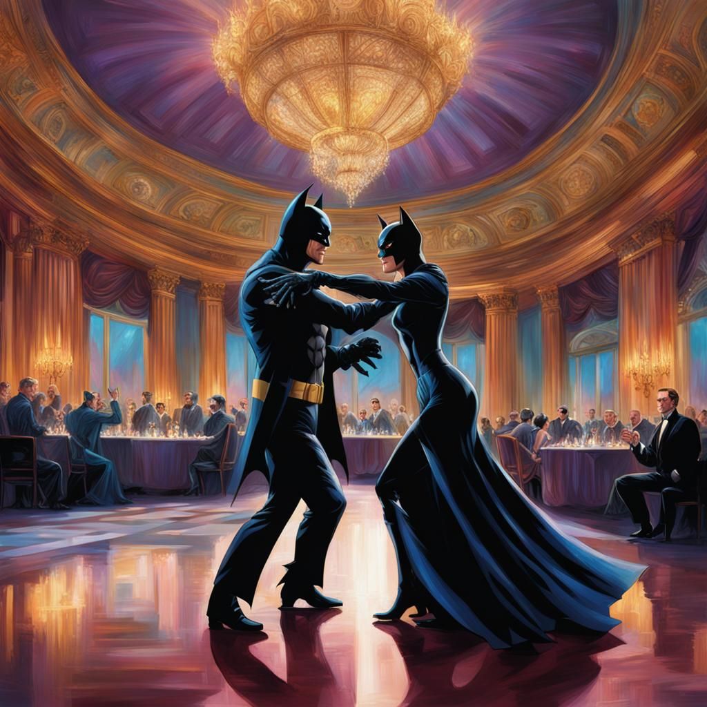 Batman and Catwoman Waltz: Hyperrealistic Ballroom Scene