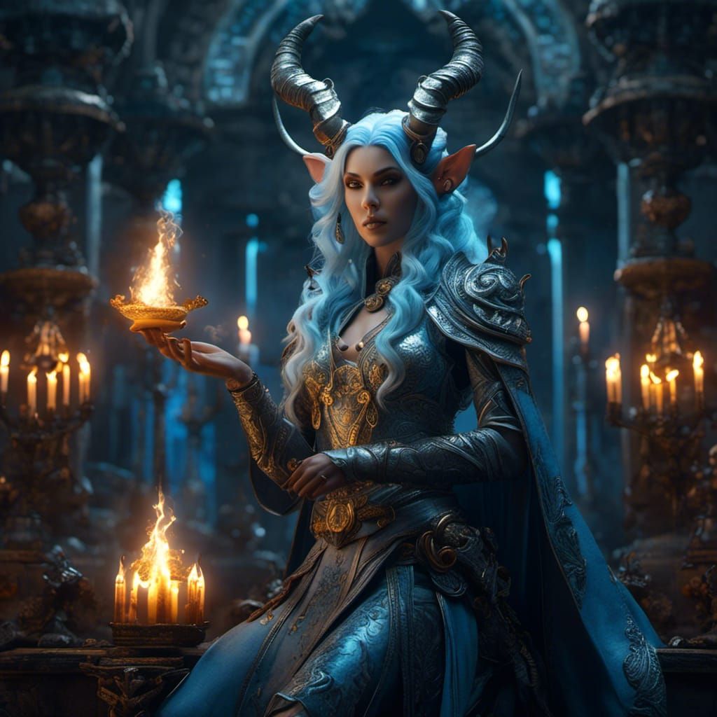 Tiefling Cleric in Mysterious Candlelight Temple