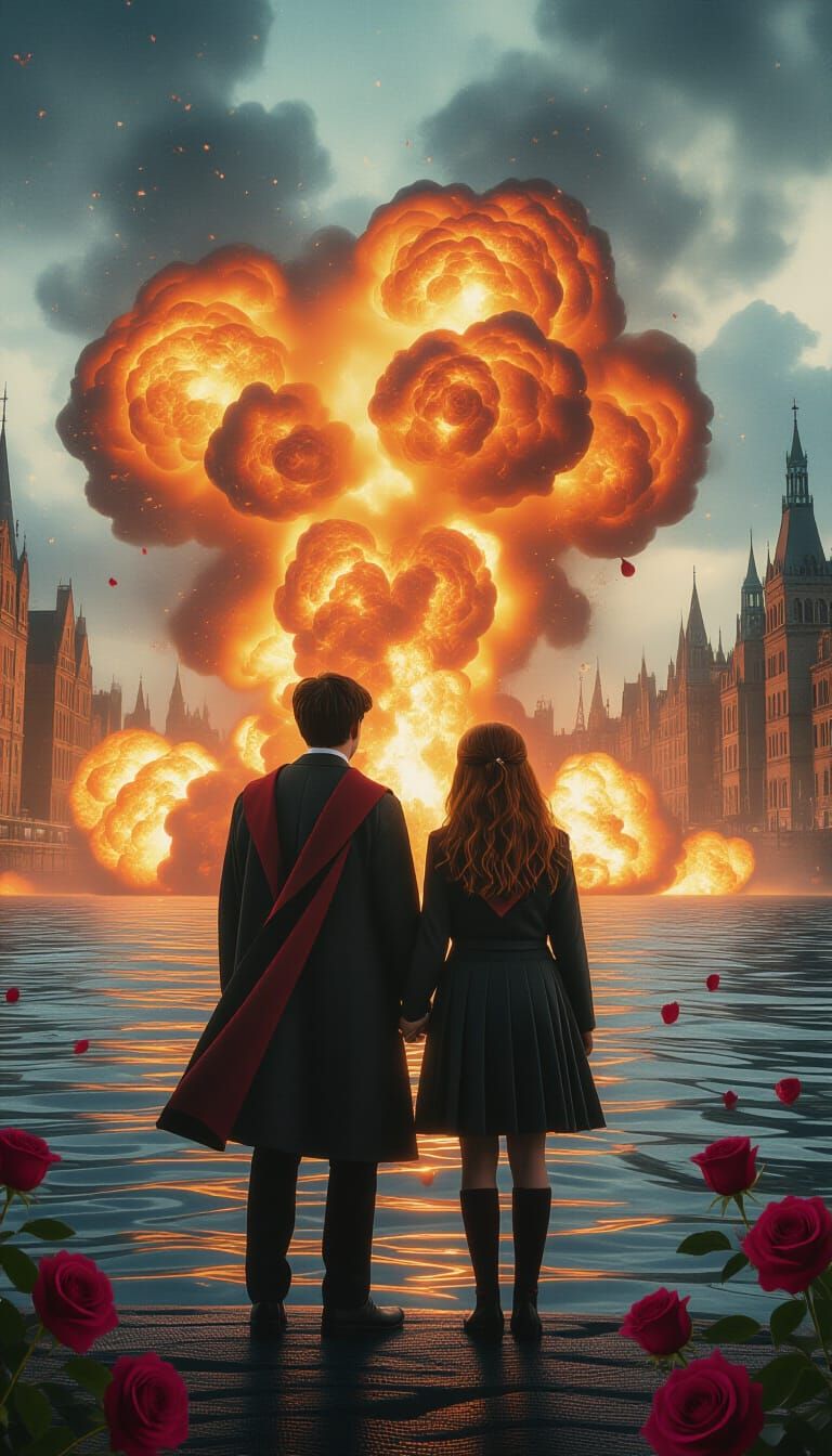 Harry Potter and Ginny in Explosive Cyberpunk Scene