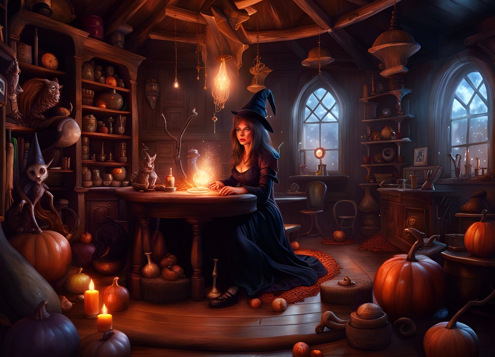 Cute Witch in Magic Room, Hyperrealistic Digital Art