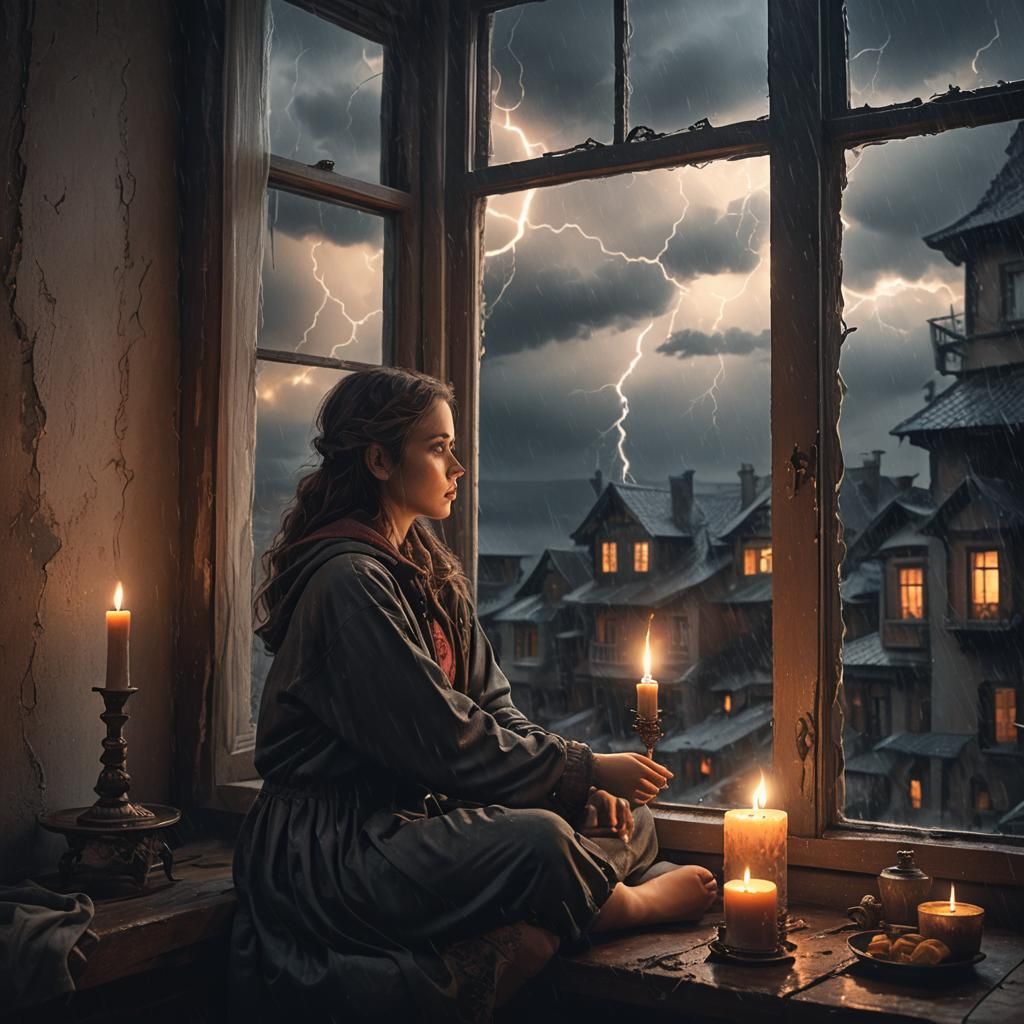 Girl Waits by Window During Thunderstorm: Digital Matte Pain...