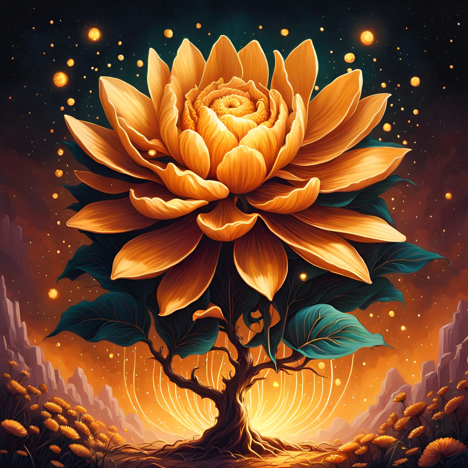 Golden Flower Radiating Light in Fantasy Style