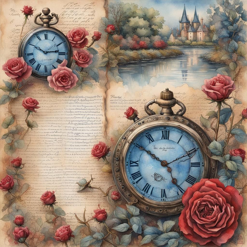 Vintage Pocket Watch and Roses in Watercolor Style