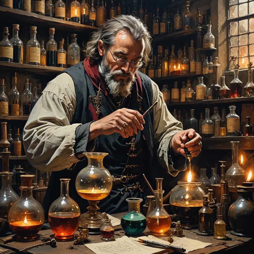 Alchemist at Work in Medieval Candlelight Lair