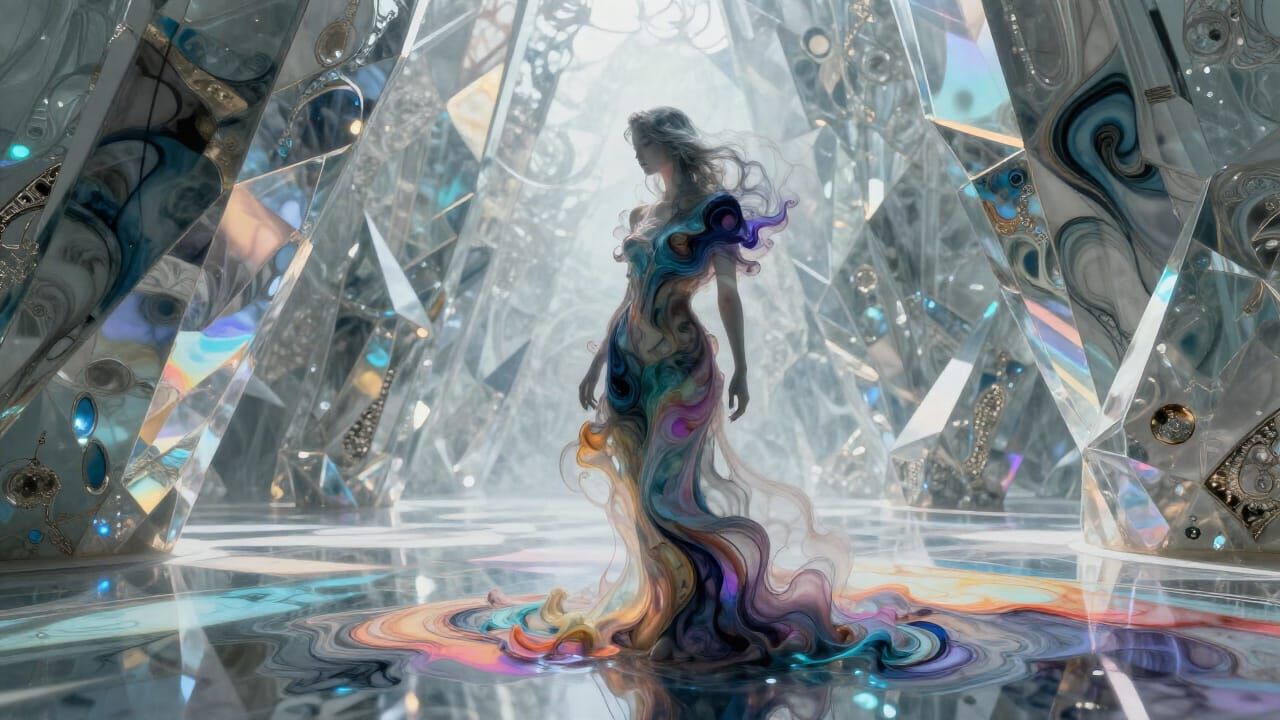 Ethereal Figure in Crystalline Interior with Kaleidoscopic L...