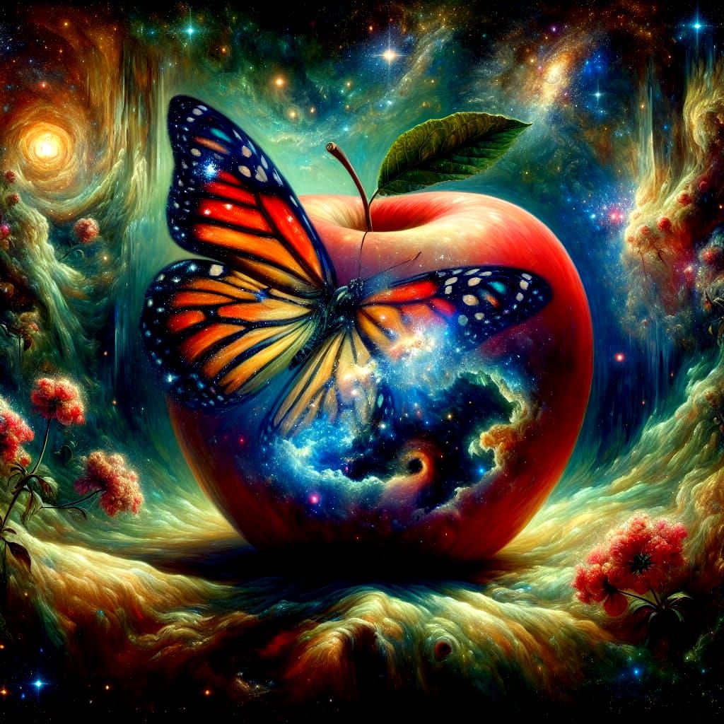 Cosmic Butterfly on Glass Apple: Surreal Oil Painting