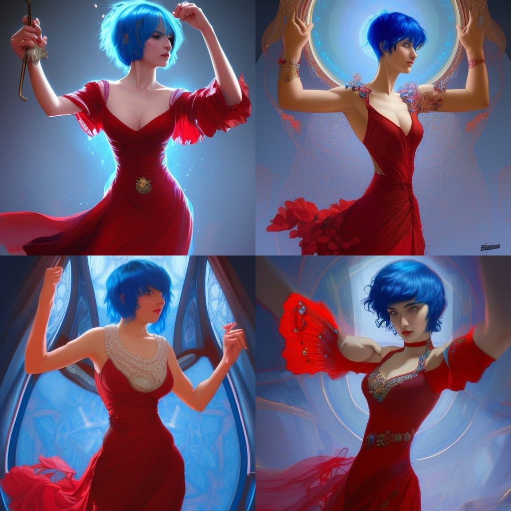 Blue-Haired Woman Dancing Near Crystals