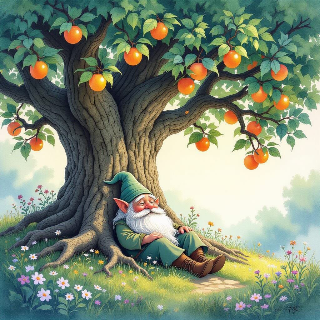 Ancient Tree and Gnome in Dreamlike Clearing