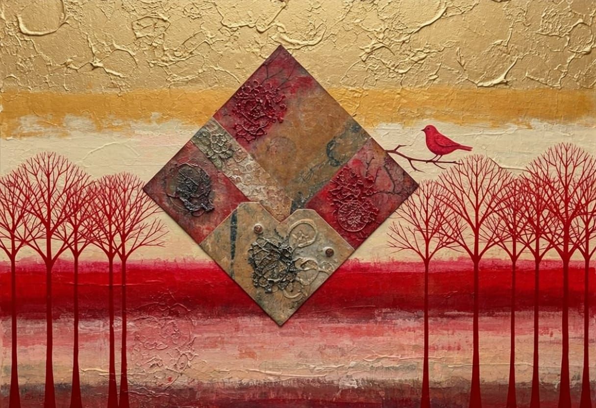 Abstract Landscape with Red Diamond and Bird