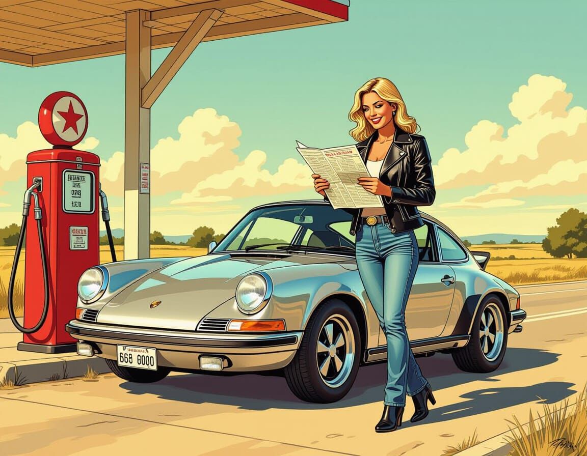 Blonde Woman with Porsche in Comic Art Style