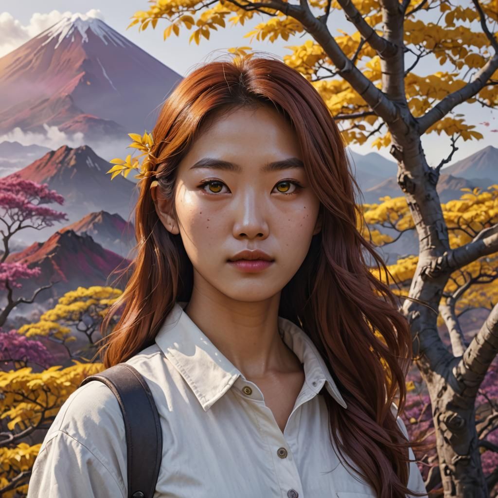 Korean Girl with Yellow Eyes Near Volcano