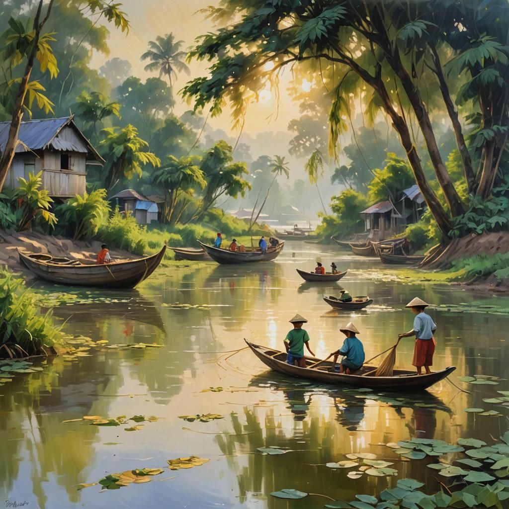 Impressionist River Scene with Traditional Boats