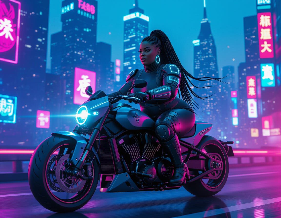 Regal Woman Rides Motorcycle Through Neon City