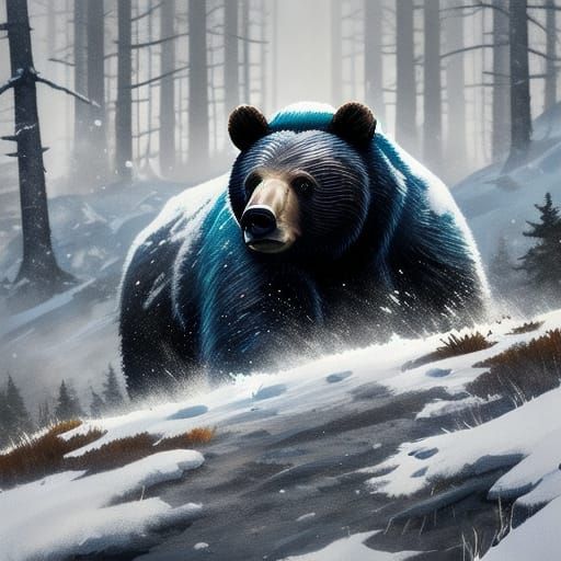 Surreal Bear Portrait in Oils, Walking in Snowy Forest