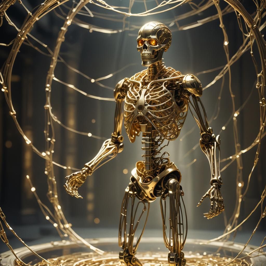 Golden Cyborg Coin Toss in Abstract Cubism Style